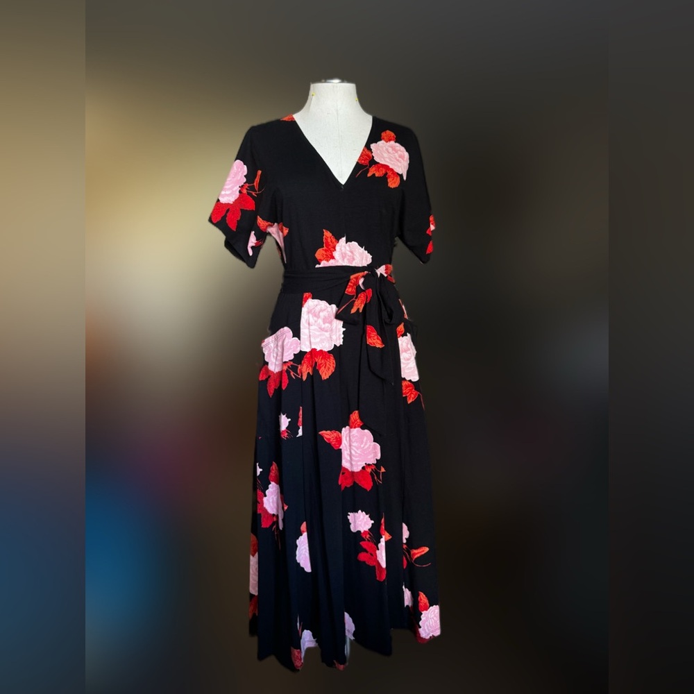 Pink/ red and black floral midi a-line dress with pockets